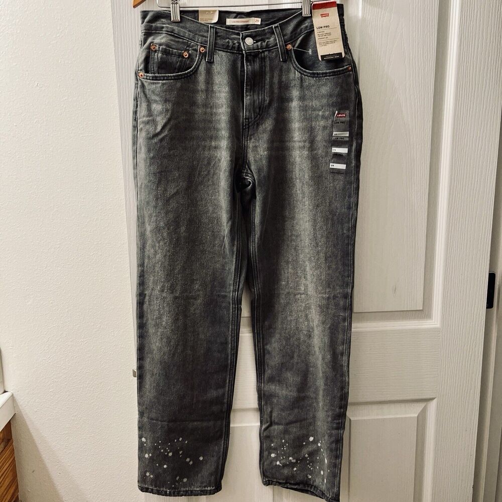Levi's Low Pro Straight Jeans Women's 29 Mid-Rise Gray Wash Splatter Detail Hem